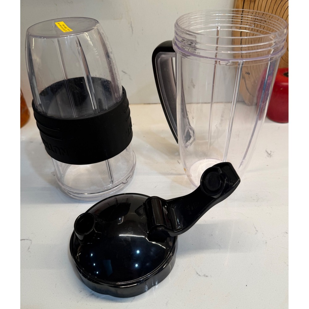 NutriBullet Replacement Cups Set 2 Jars 1 Flip Top Lid Clear Black Plastic